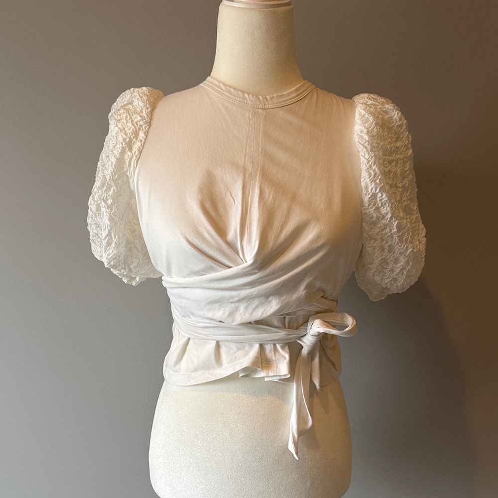 Current Air White Textured Sleeve Wrap Blouse